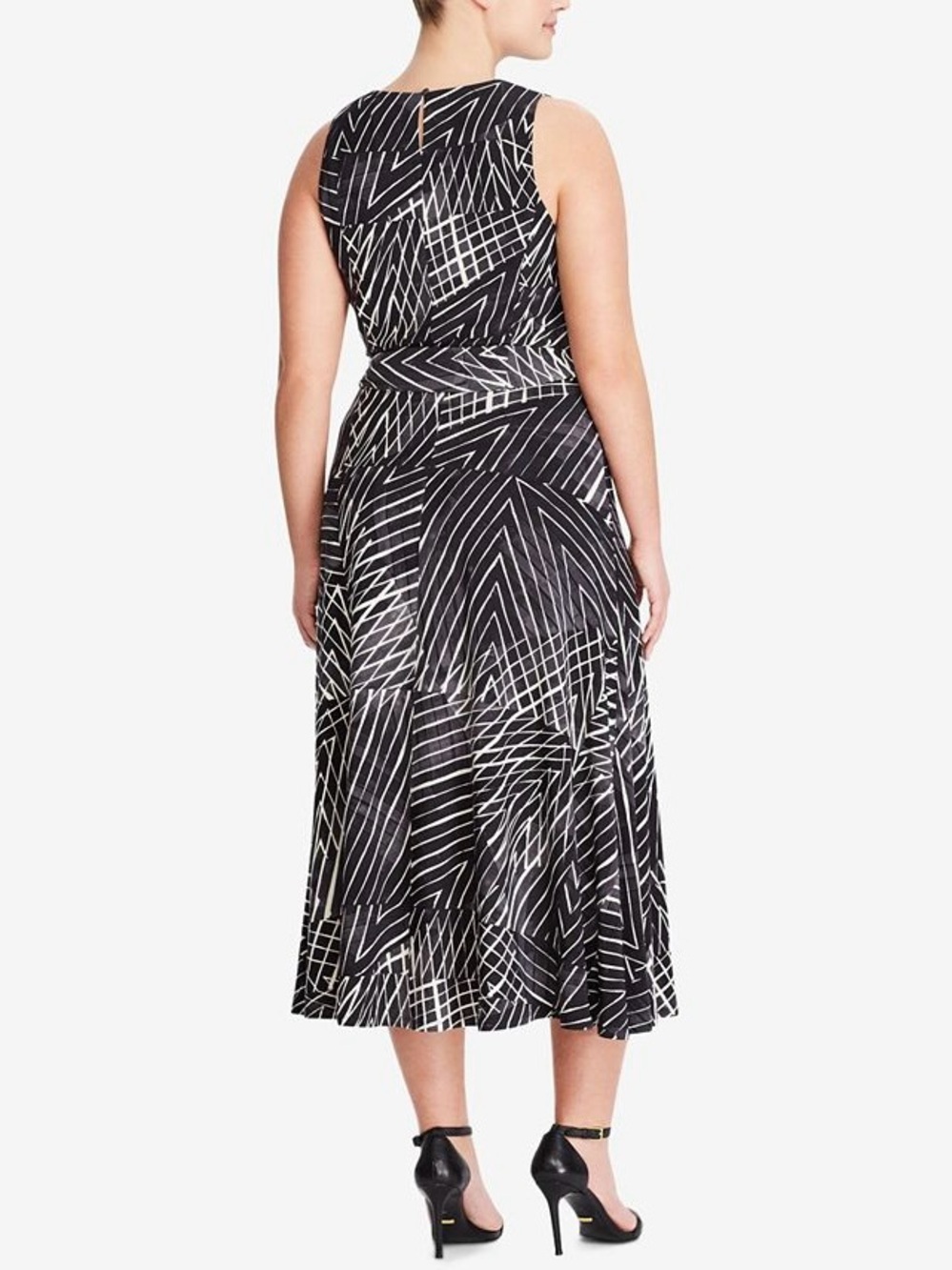 Lauren Ralph Lauren Geometric Midi Dress 12 Tie Waist Black Gray Ivory - Picture 3 of 13